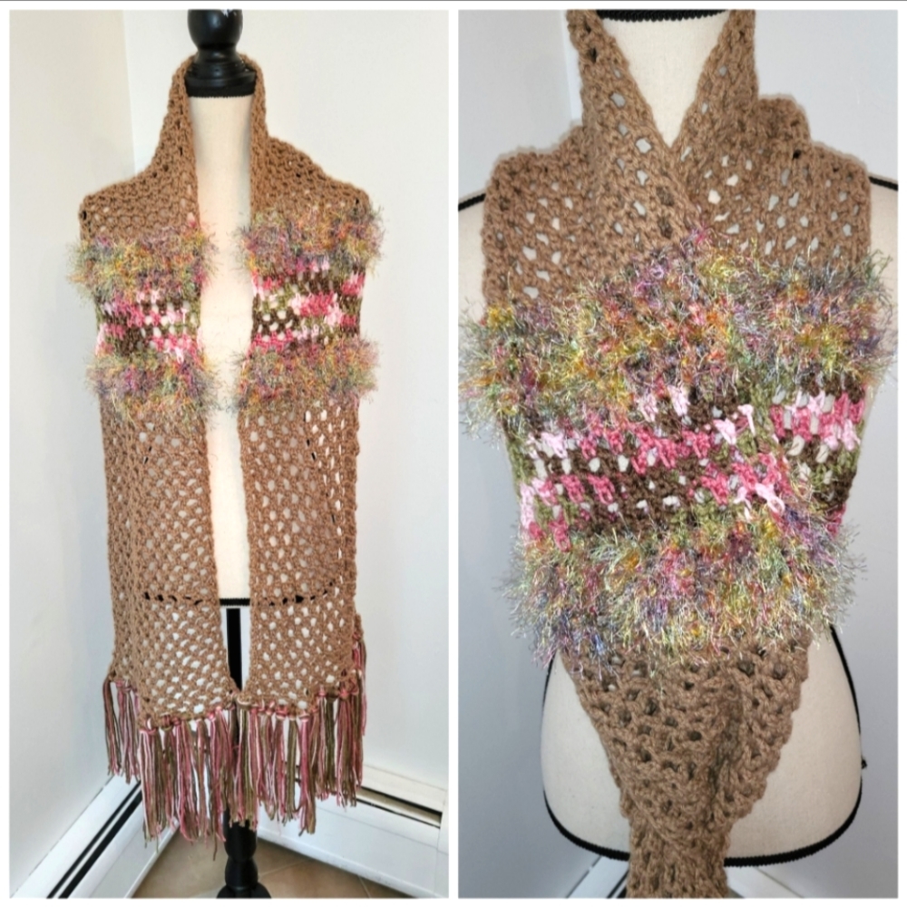 Crochet Mocha BrownColor Open Knit Fuzzy Detail Finge Trim Scarf